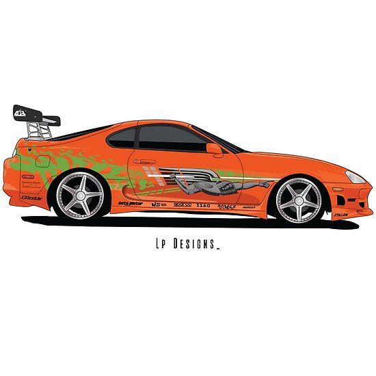 an orange sports car with green graphics on the front and side, in white background
