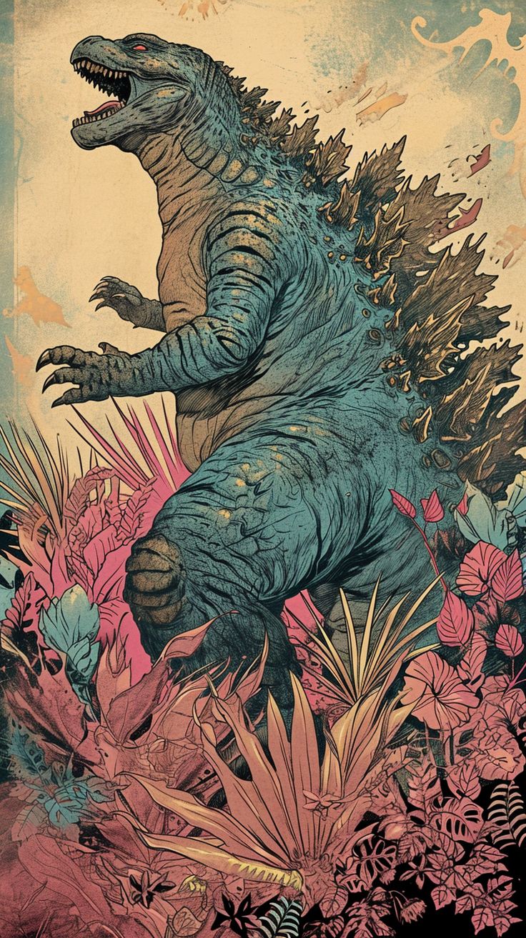 an image of a godzilla in the middle of some plants and flowers with its mouth open