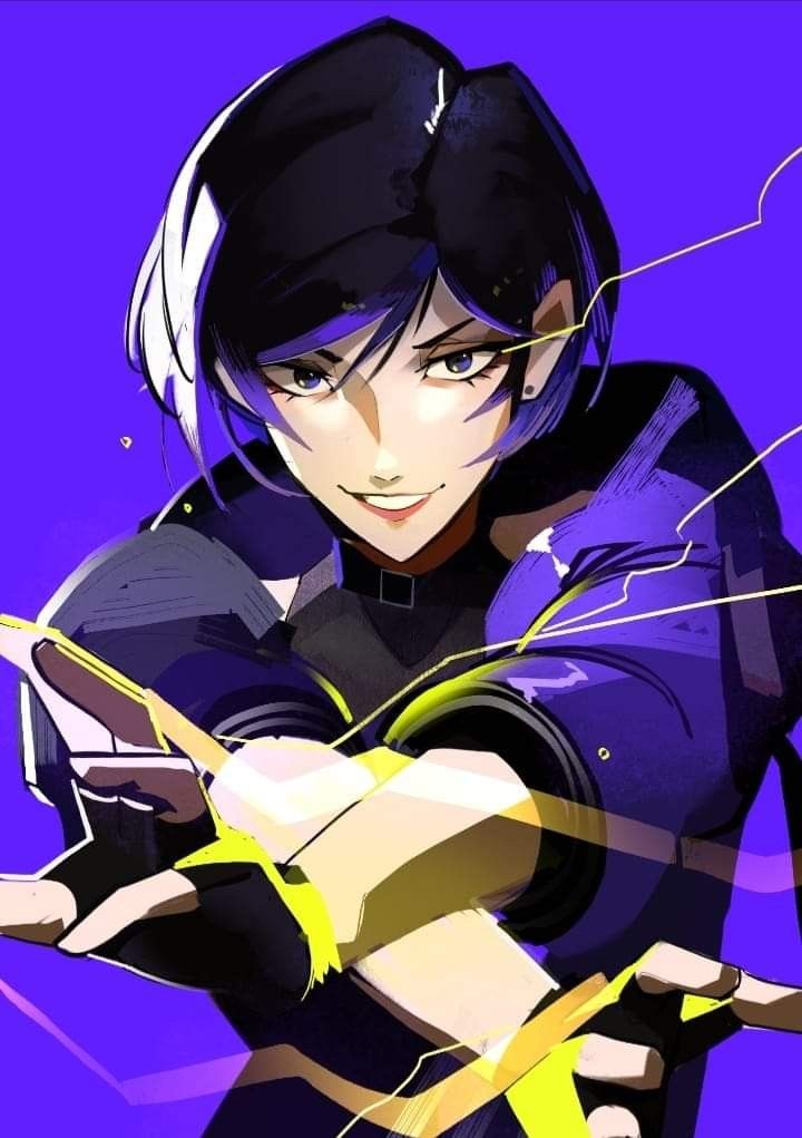 an anime character with black hair and blue eyes, holding a yellow arrow in her hand