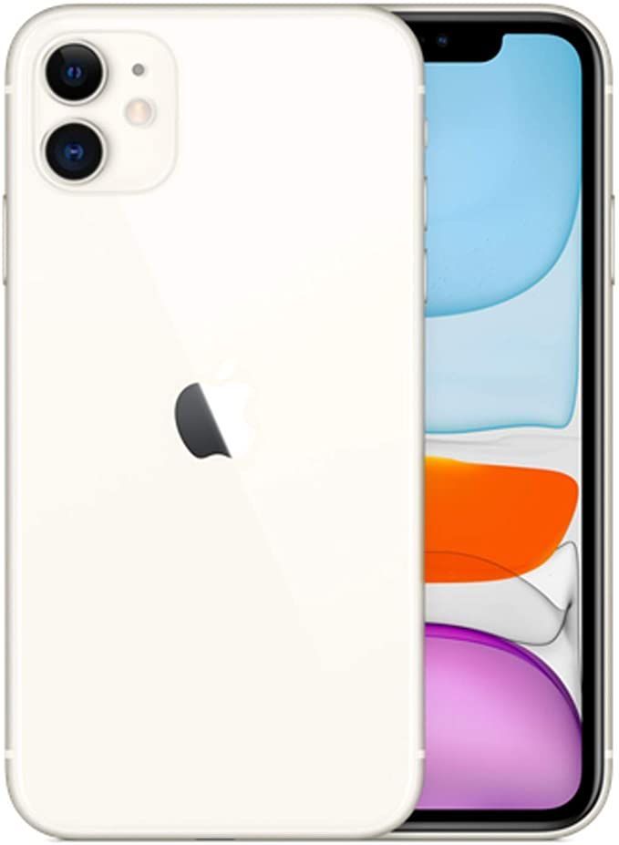 an iphone 11 is shown in white with the back camera facing up and side view