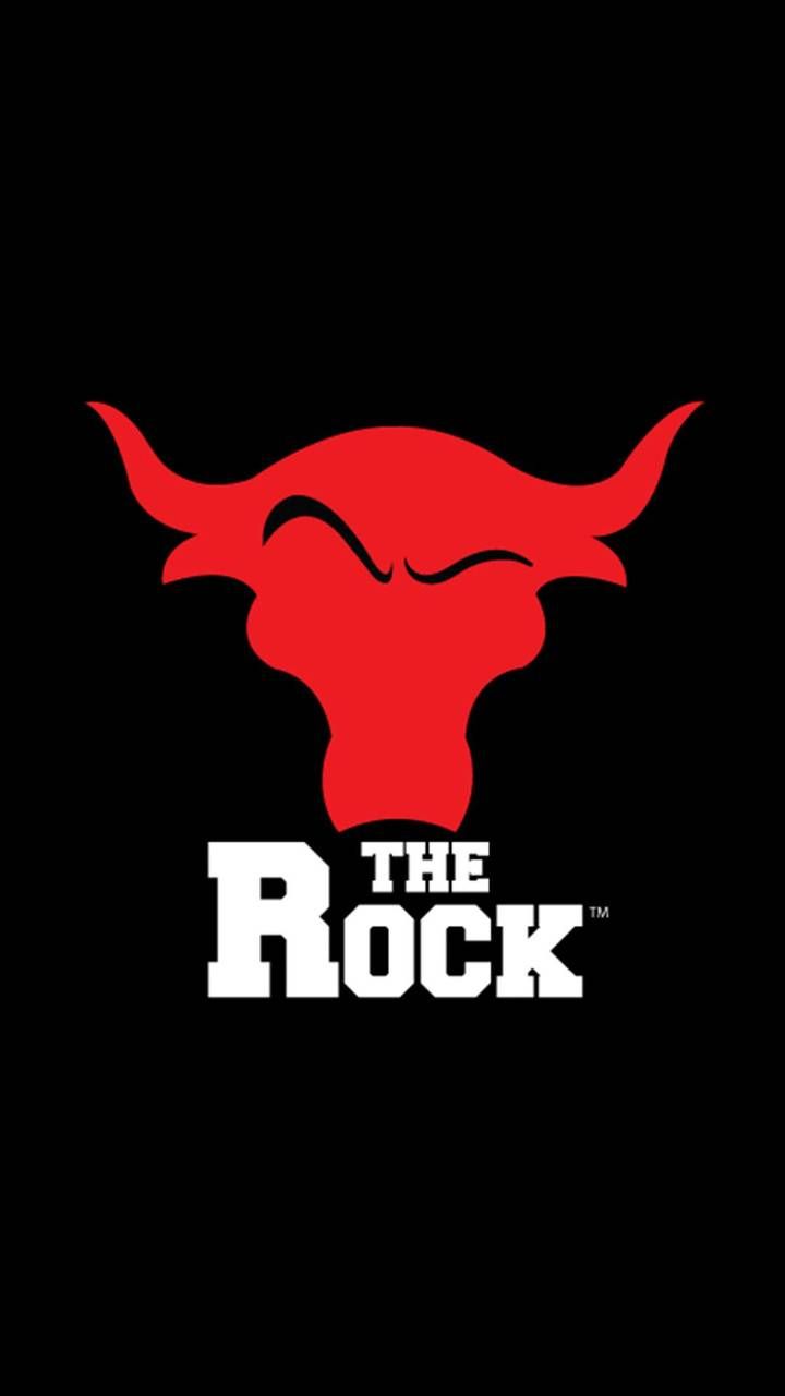 the rock logo on a black background with red bull's head in the center