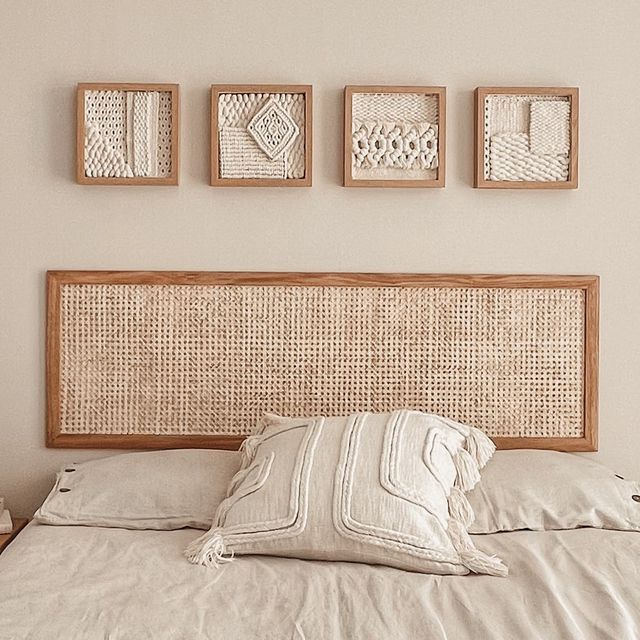 a bed with white sheets and pillows in front of four framed pictures on the wall