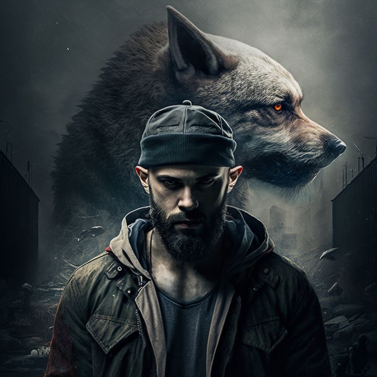 a man standing in front of a wolf wearing a hat