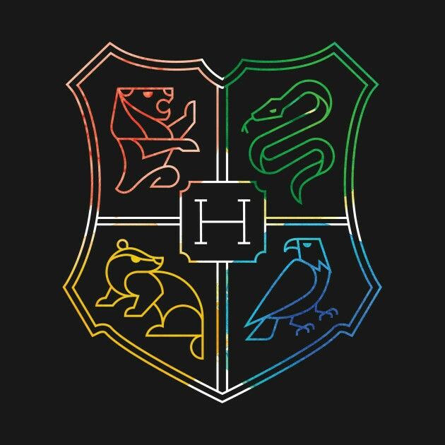 the hogwarts crest is shown in multicolored neon lights on a black background