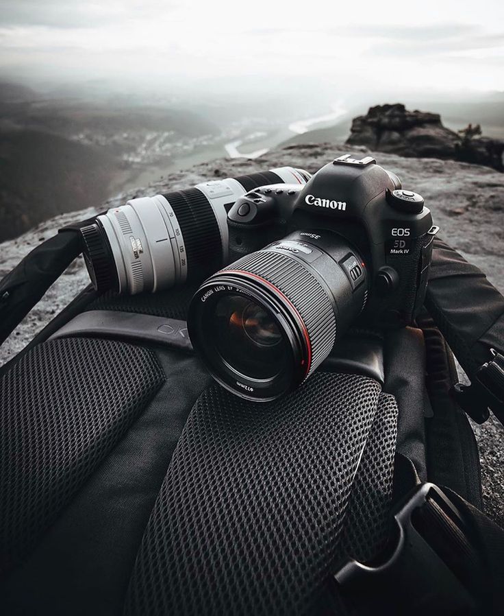 a camera sitting on top of a backpack