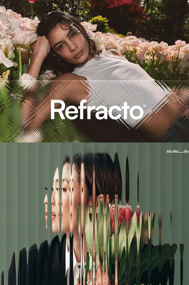 two different images with the words refacto on them and an image of a woman surrounded by flowers