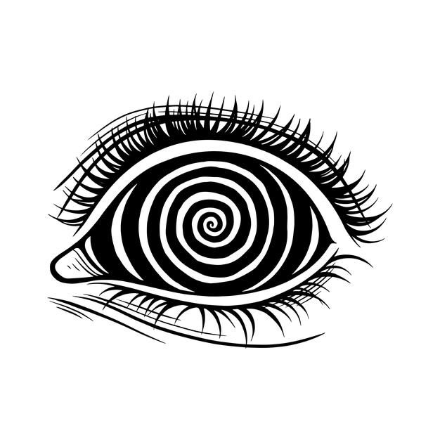 an eye with long eyelashes and spirals on the iris is drawn in black ink