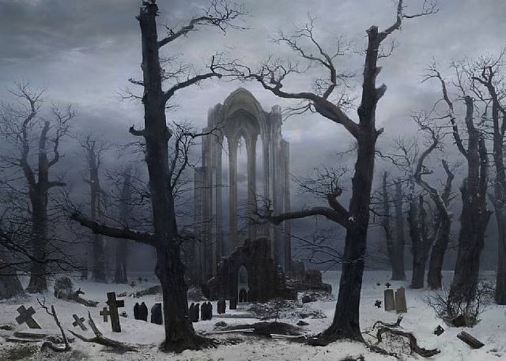 an image of a gothic church in the woods with trees and snow on the ground