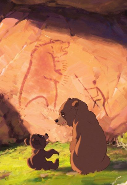 a painting of a bear and her cub sitting in front of a large rock formation