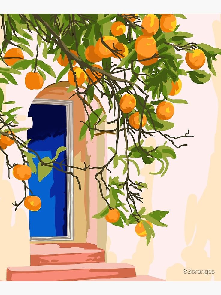 an orange tree in front of a doorway with blue door and steps leading up to it