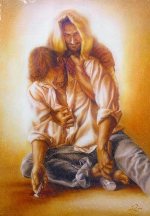 a painting of jesus holding the head of a child in his arms and kneeling down