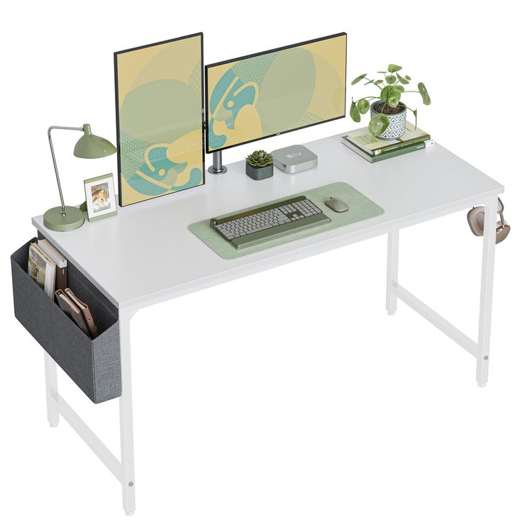 a computer desk with two monitors and a keyboard sitting on it's side, in front of a white background