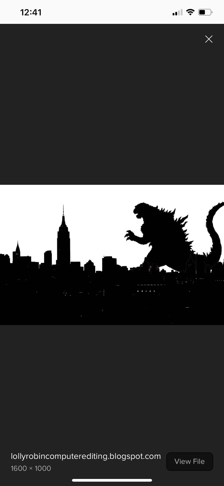 an image of godzilla in the city silhouetted against black and white background with text below