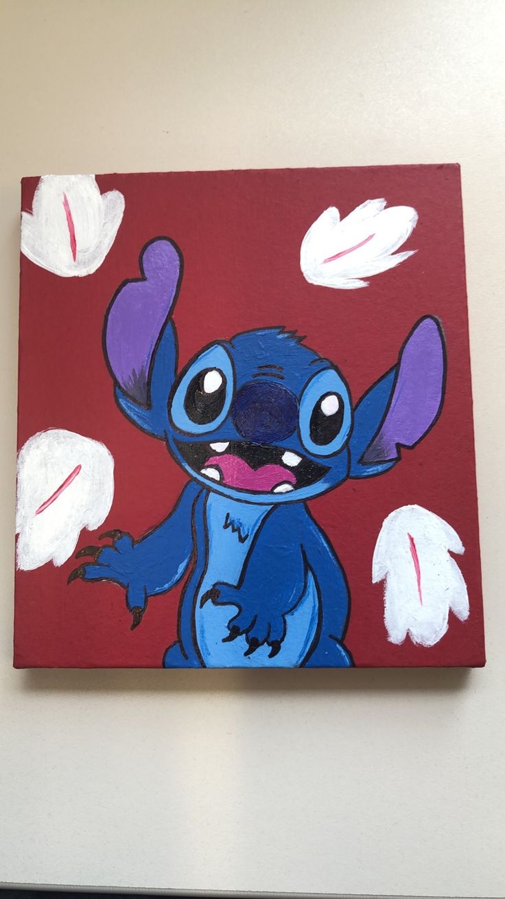 a painting of a blue cartoon character on a red background