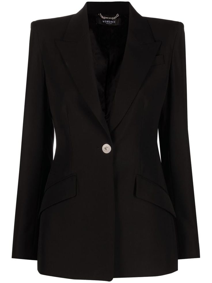 Medusa single-breasted virgin wool blazer from Versace featuring black, virgin wool, peak lapels, front button fastening, Medusa Head motif, shoulder pads, long sleeves, logo patch at the sleeve, buttoned cuffs, two side flap pockets, central rear vent and logo-print lining.Gender: WomenMaterial: VIRGIN WOOL 100%Color: BLACKMade in: ITProduct ID: 1010049 1A07236 1B000*Import tax/duty will be calculated at checkout (If applicable) Versace Blazer, Versace Jacket, Medusa Head, Black Blazer, Black Blazers, Wool Blazer, Blazers For Women, Curator Style, Shoulder Pads