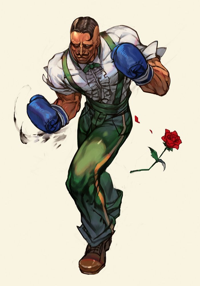 a drawing of a man in overalls and boxing gloves with a rose behind him