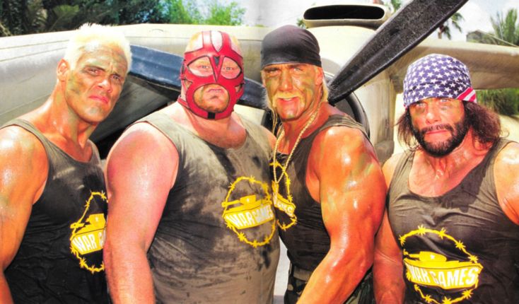 three men in tank tops and bandanas are posing for a photo with their arms around each other