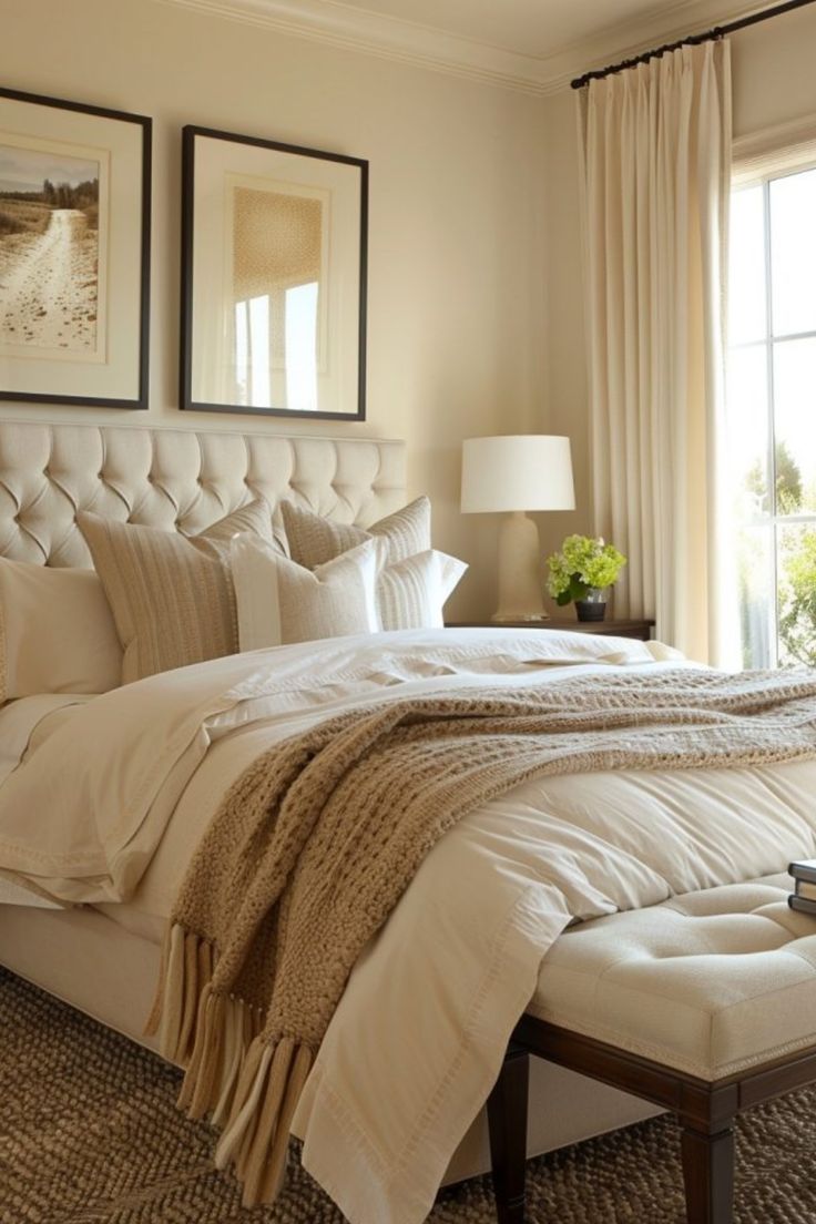 Elegantly decorated bedroom with a plush tufted headboard, crisp white bedding, a knitted throw, bedside lamp, and framed artwork above the bed. Master Bed Neutral, Mixing Cream And White Bedding, White And Natural Bedding, Beautiful Spare Bedroom Ideas, Neutral Headboard Bedroom Ideas, Neutral Pop Of Color Bedroom, Neutral Bedding Ideas With A Pop Of Color, Neutral Layered Bedding Ideas, Oatmeal Comforter Bedroom