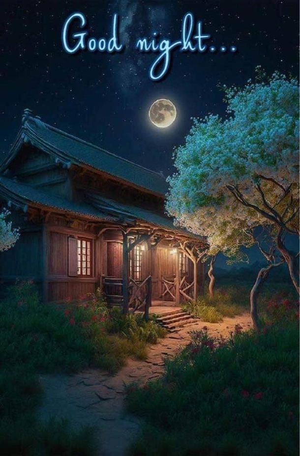 an image of a house at night with the words good night written in front of it