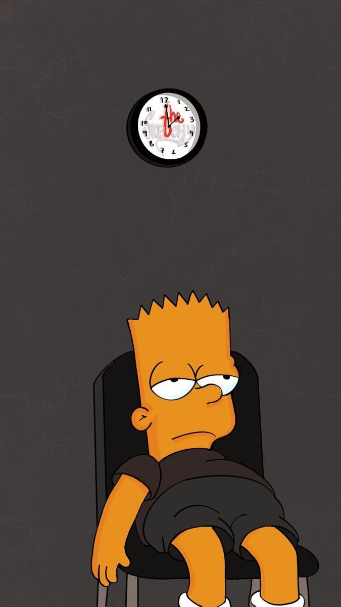 a cartoon character sitting in a chair with a clock on the wall above him,