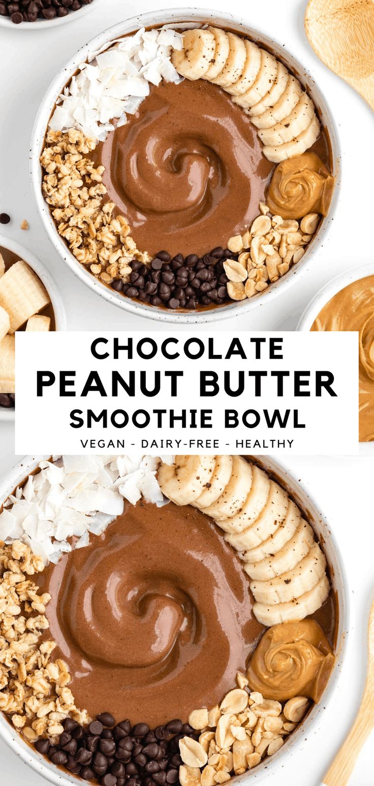 two bowls filled with chocolate peanut butter smoothie bowl