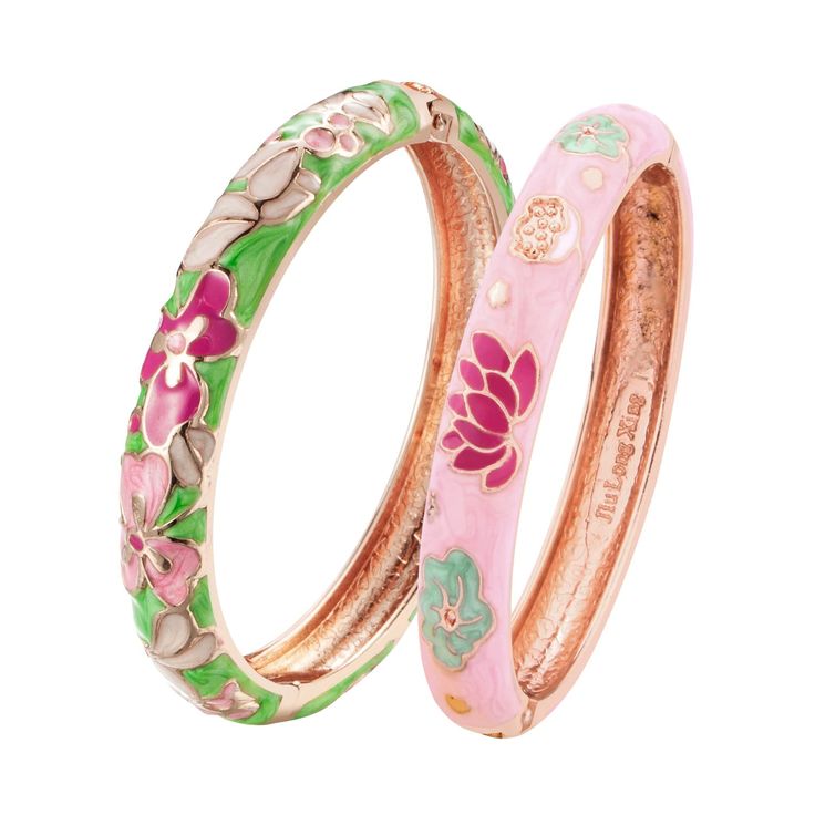 two pink and green bang bracelets with flowers on the inside, one in gold