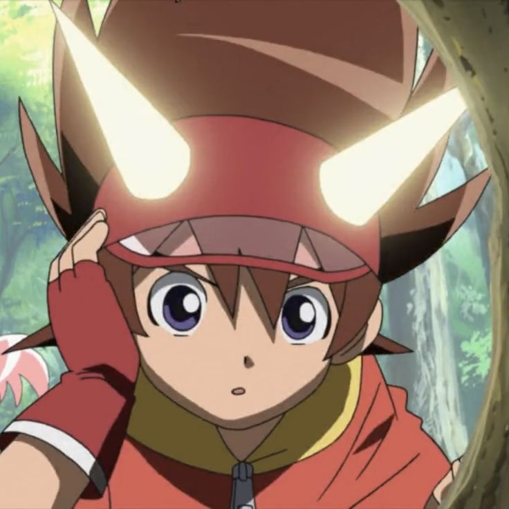 an anime character with big eyes and horns on his head in front of a forest