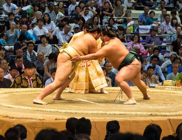 two sumo wrestlers wrestle in front of an audience