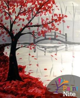 an acrylic painting of a tree with red leaves and a bridge in the background