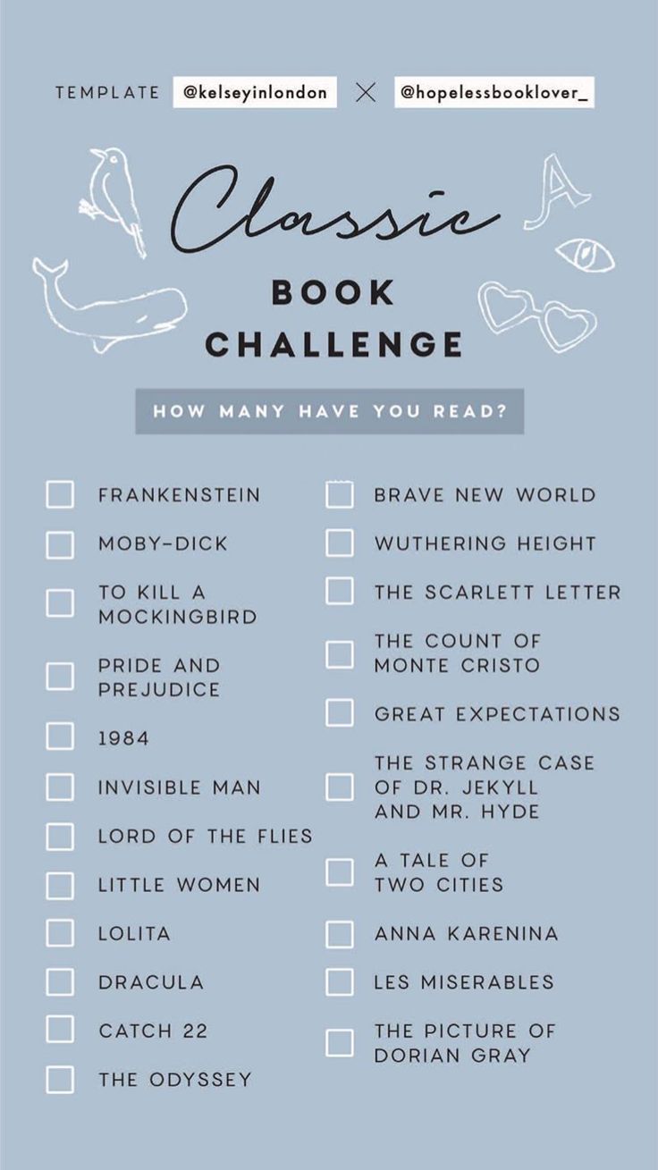 the classic book challenge checklist is shown in blue with white writing and black ink