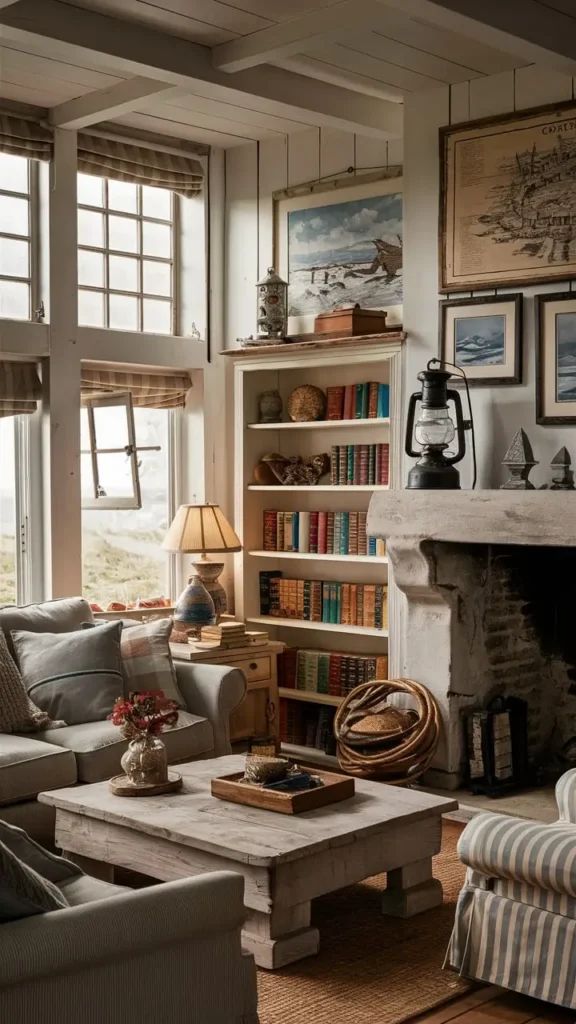 a living room filled with furniture and bookshelves next to a fire place in front of a window