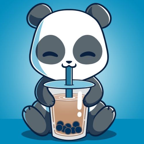 a panda bear drinking from a tall glass