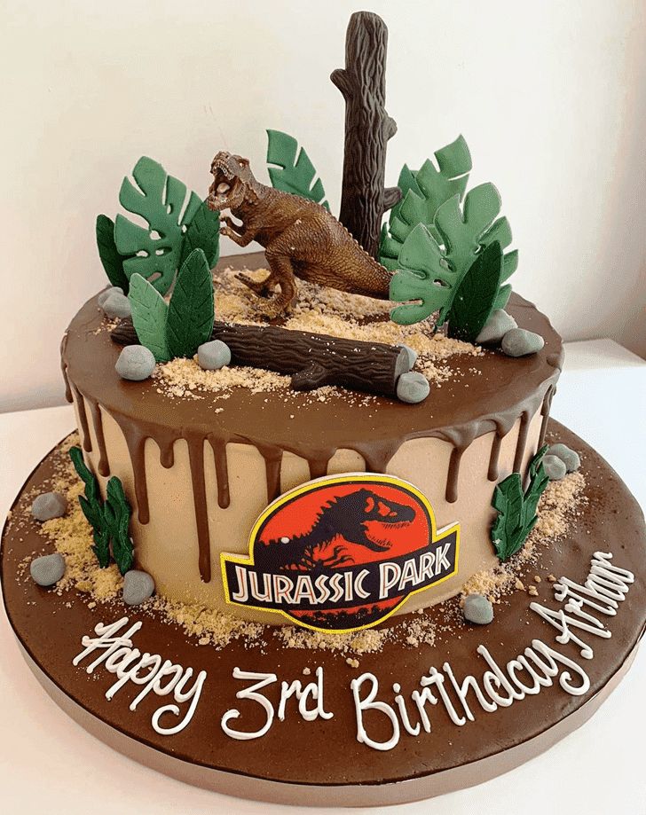 a birthday cake with an image of a dinosaur on it
