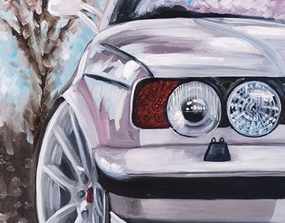 a painting of a car with its lights on and the front bumper light turned off