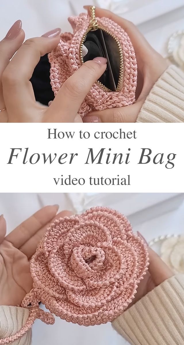 two photos with the words how to crochet flower mini bag and video instructions