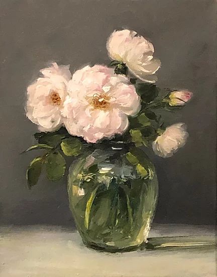 a painting of white flowers in a green vase on a table with a gray background