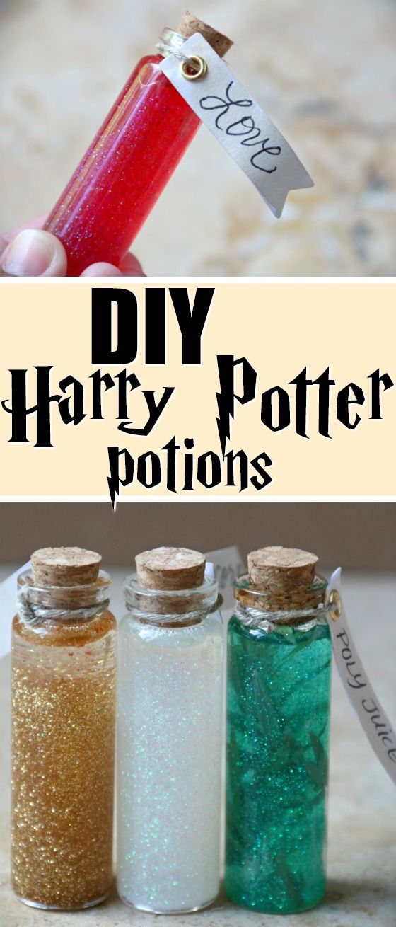 three bottles filled with different colored glitters and the words diy harry potter potions