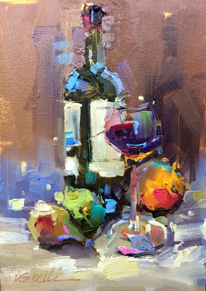 a painting of a wine glass and bottle