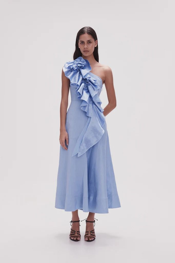 Adelia Ruffle Midi Dress | Light Sky Blue | Aje – Aje World Light Sky Blue, Ruffle Midi Dress, Blue Bridesmaids, Denim Accessories, Line Shopping, Black Cocktail Dress, Floral Dress Black, White Maxi Dresses, Asymmetrical Dress