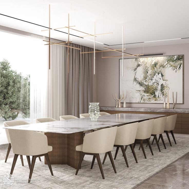 an elegant dining room with marble table and white chairs in front of a large painting on the wall