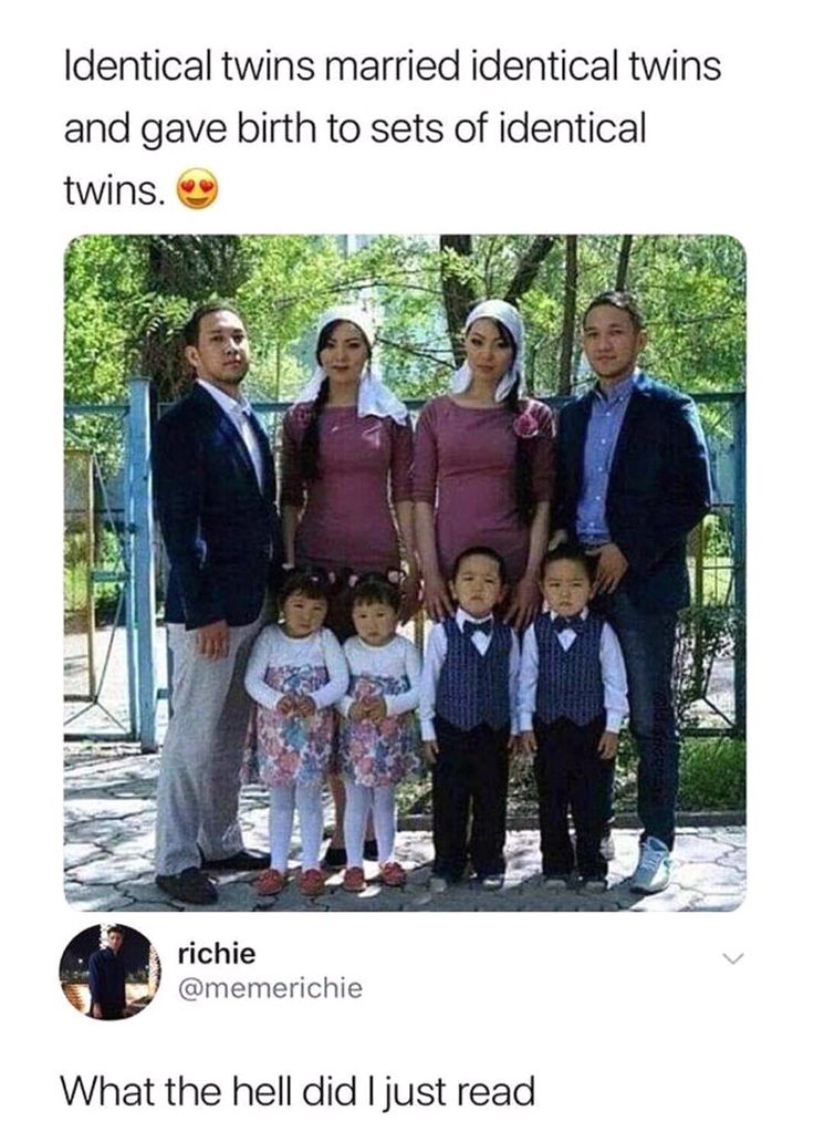the family is posing for a photo in front of some trees and bushes with text that reads, identical twins married identical twins and gave birth sets of identical twins