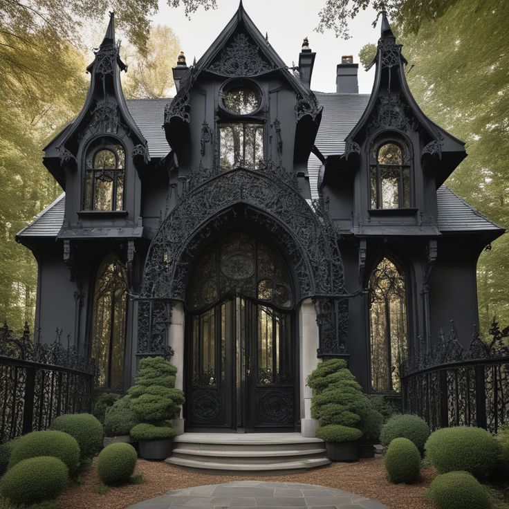 a gothic - style house is shown in the middle of a garden with trees and bushes