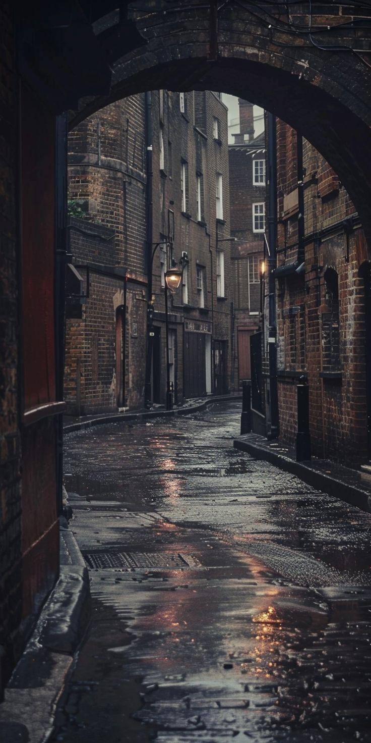 an alleyway with buildings and umbrellas on a rainy day