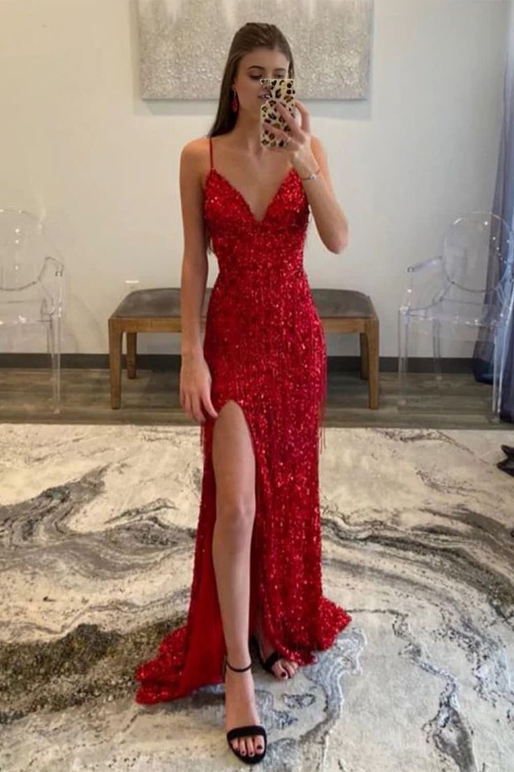 Robe de bal à paillettes à paillettes roses chaudes avec des robes de soirée formelles fendues Sequin Prom Dresses Long, Glitter Prom Dress, Sparkly Prom Dress, Spaghetti Strap Prom Dress, Corset Dress Prom, Evening Party Gowns, Sequin Prom Dresses, Sophisticated Dress, Red Prom Dress