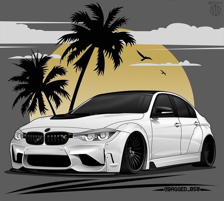 a white car parked in front of palm trees