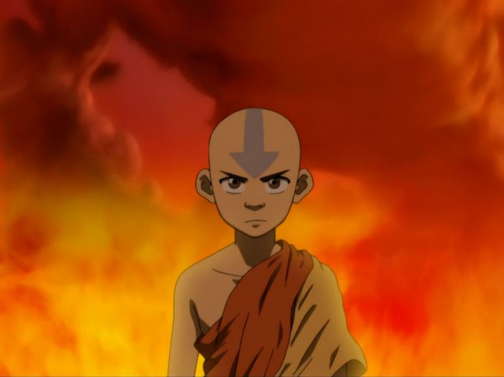 an avatar in front of a fire with flames around him and his head turned to the side