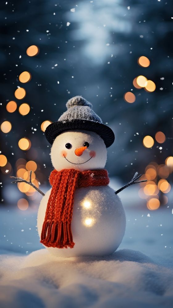 a snowman wearing a hat and scarf standing in the snow with lights behind him