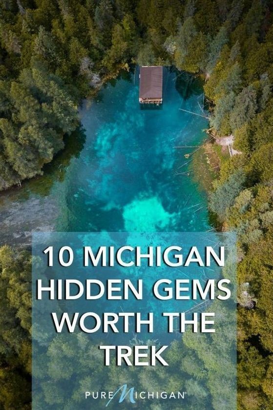 an aerial view of a river surrounded by trees with the text 10 michigan hidden gems worth the trek