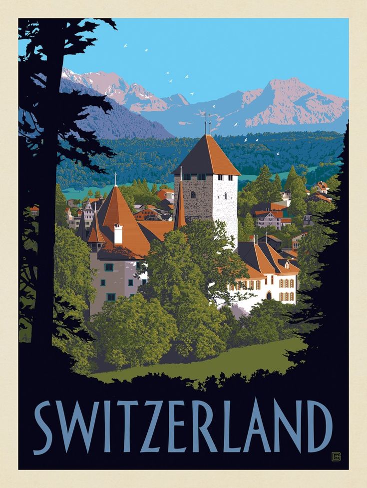 an image of a travel poster with the name switzerland in front of mountains and trees