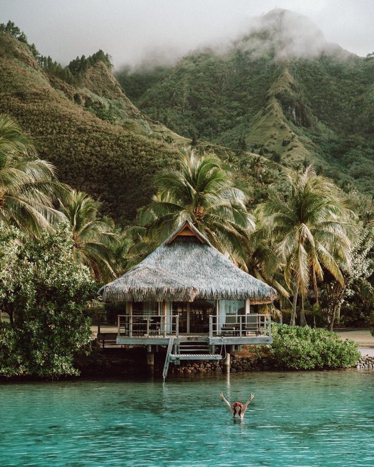 a hut on stilts in the middle of water with palm trees and mountains behind it